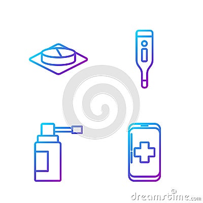 Set line Emergency mobile phone call to hospital, Medical bottle with nozzle spray, Medicine pill or tablet and Medical Vector Illustration