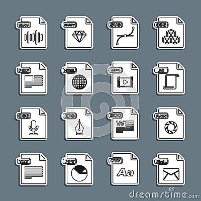 Set line EML file document, RAW, JS, SVG, HTML, PDF, WAV and MP4 icon. Vector Vector Illustration