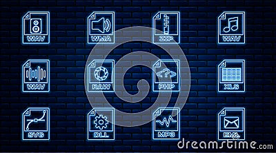 Set line EML file document, XLS, ZIP, RAW, WAV, PHP and WMA icon. Vector Vector Illustration