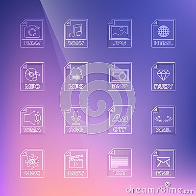 Set line EML file document, XML, RUBY, JPG, MP3, RAW and BMP icon. Vector Stock Photo