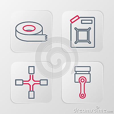 Set line Engine piston, Wheel wrench, Canister for gasoline and Scotch tape icon. Vector Stock Photo