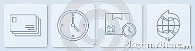 Set line Envelope, Cardboard box and fast time, Fast time delivery and Worldwide. White square button. Vector Vector Illustration