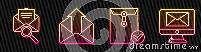 Set line Envelope and check mark, Envelope with magnifying glass, Outgoing mail and Monitor and envelope. Glowing neon Vector Illustration