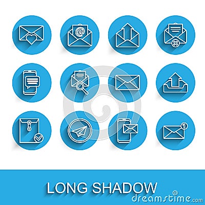 Set line Envelope and check mark, Paper plane, with Valentine heart, Mobile envelope, magnifying glass, Upload inbox and Vector Illustration