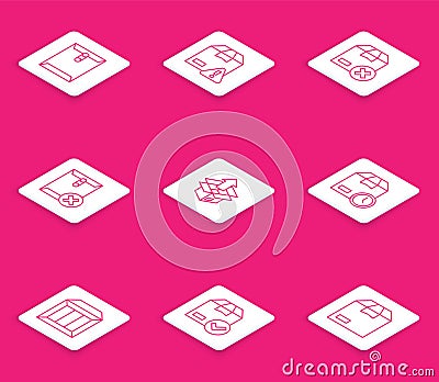 Set line Envelope, Delivery security with shield, Carton cardboard box, Delete envelope, Unboxing, Cardboard clock, and Stock Photo