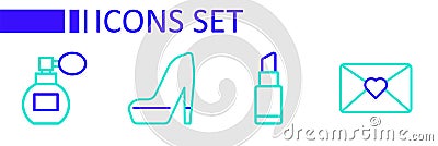 Set line Envelope with 8 March, Lipstick, Woman shoe and Perfume icon. Vector Vector Illustration