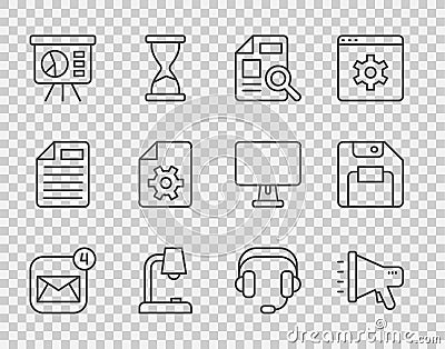 Set line Envelope, Megaphone, Document with graph chart, Table lamp, Board, settings, Headphones and Floppy disk icon Vector Illustration