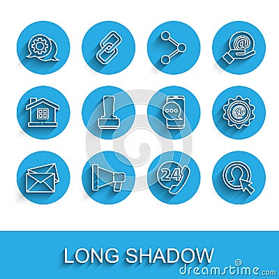 Set line Envelope, Megaphone, Speech bubble chat, Telephone 24 hours support, Create account screen, Stamp, Mail and e Vector Illustration