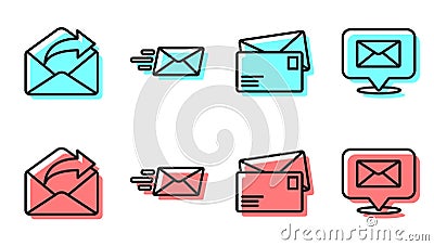 Set line Envelope, Outgoing mail, Express envelope and Speech bubble with envelope icon. Vector Vector Illustration