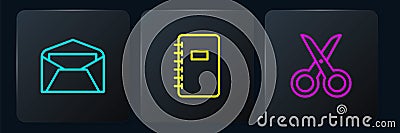Set line Envelope, Scissors and Spiral notebook. Black square button. Vector Vector Illustration