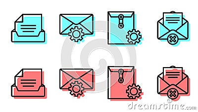 Set line Envelope setting, Drawer with document, Envelope setting and Delete envelope icon. Vector Vector Illustration