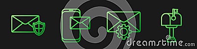 Set line Envelope setting, Envelope with shield, Mobile and envelope and Mail box. Gradient color icons. Vector Vector Illustration