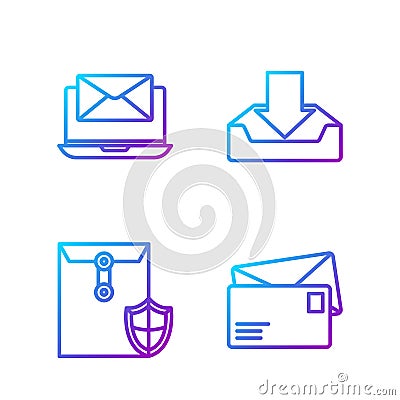 Set line Envelope, Envelope with shield, Laptop with envelope and Download inbox. Gradient color icons. Vector Vector Illustration