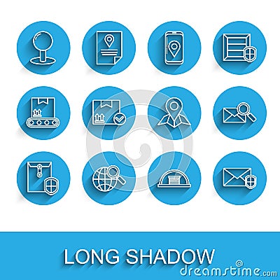 Set line Envelope with shield, Magnifying glass globe, Push pin, Hangar, Package box check mark, magnifying and Vector Illustration