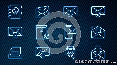 Set line Envelope, with star, and check mark, Mail message lock password, Address book, Mobile envelope and icon. Vector Vector Illustration