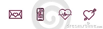 Set line Envelope with Valentine heart, Heart rate, Mobile and Amour and arrow icon. Vector Vector Illustration