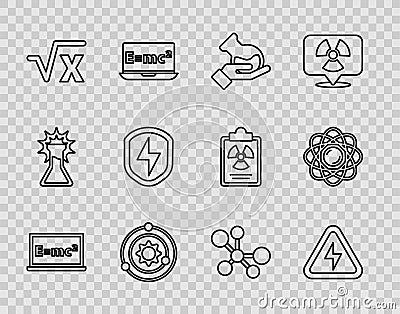 Set line Equation solution, High voltage, Test tube and flask, Solar system, Square root of x glyph, Secure shield with Vector Illustration