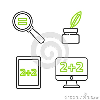 Set line Equation solution, Tablet with calculator, Feather and inkwell and Calculation icon. Vector Stock Photo