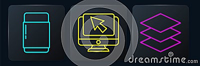Set line Eraser or rubber, Layers and Computer monitor and cursor. Black square button. Vector Vector Illustration