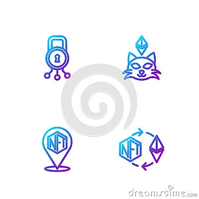 Set line Ethereum exchange NFT, Digital crypto art, Cyber security and . Gradient color icons. Vector Vector Illustration
