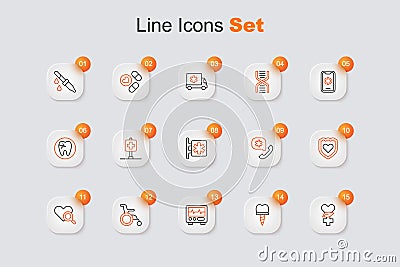 Set line Ethnoscience, Dental implant, Monitor with cardiogram, Wheelchair for disabled person, Medical heart inspection Vector Illustration