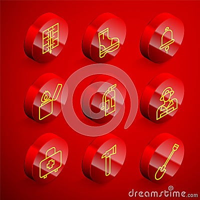 Set line Evacuation plan, Fire boots, Ringing alarm bell, Lighter, extinguisher, Firefighter, First aid kit and axe icon Vector Illustration