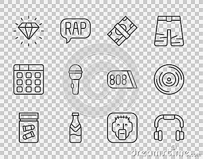 Set line Evidence bag with bullet, Headphones, Stacks paper money cash, Beer bottle, Diamond, Microphone, Rapper and Vector Illustration