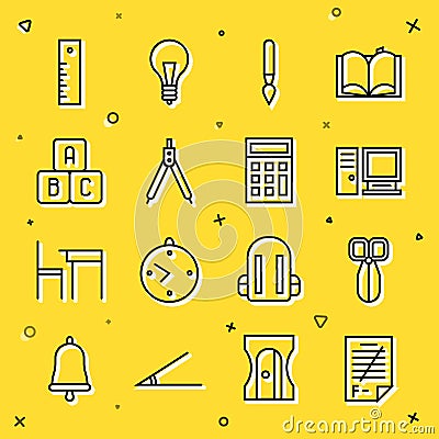 Set line Exam paper with incorrect answers, Scissors, Computer monitor, Paint brush, Drawing compass, ABC blocks, Ruler Stock Photo