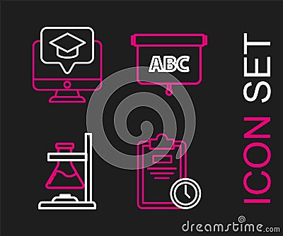 Set line Exam sheet with clock, Glass test tube flask on fire, Chalkboard and Monitor graduation cap icon. Vector Vector Illustration