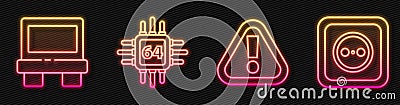 Set line Exclamation mark in triangle, Fuse, Processor with microcircuits CPU and Electrical outlet. Glowing neon icon Vector Illustration