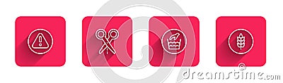 Set line Exclamation mark in triangle, Scissors with cut line, Hand wash laundry and Wheat with long shadow. Red square Vector Illustration