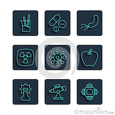 Set line Explosion in the flask, Telescope, Processor CPU, Bacteria, Virus, Radioactive, Laboratory glassware and Apple Stock Photo
