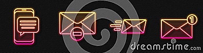 Set line Express envelope, Chat messages notification on phone, Delete envelope and Envelope. Glowing neon icon. Vector Vector Illustration
