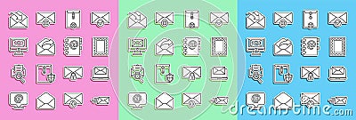 Set line Express envelope, Laptop with, Postal stamp, Delete, Outgoing mail, Monitor and, Envelope and Address book icon Vector Illustration