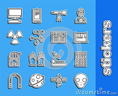 Set line Extraterrestrial alien face, Calculator, Pendulum, Telescope, Molecule, Radioactive, Computer monitor with Stock Photo