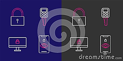 Set line Eye scan, Lock on computer monitor, Car key with remote and icon. Vector Stock Photo