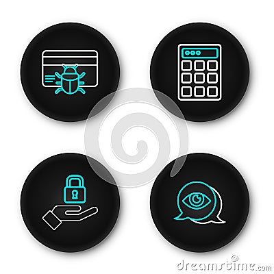 Set line Eye scan, Lock in hand, Password protection and System bug credit card icon. Vector Stock Photo
