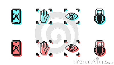 Set line Eye scan, Mobile and face recognition, Palm print and Fingerprint with lock icon. Vector Vector Illustration