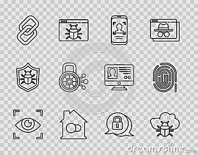 Set line Eye scan, System bug on cloud, Mobile and face recognition, Smart home, Chain link, Cyber security, and Vector Illustration