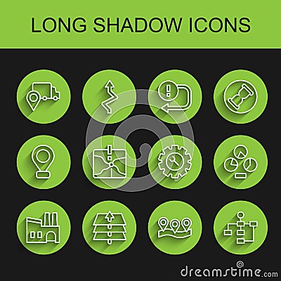 Set line Factory, Layers, Delivery tracking, Location, Hierarchy organogram chart, Intersection point, Pie infographic Vector Illustration