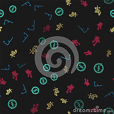 Set line Fahrenheit, Compass, Rooster weather vane and Wind on seamless pattern. Vector Vector Illustration