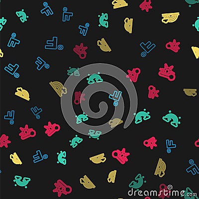 Set line Fahrenheit, Rainbow with clouds, and Thermometer snowflake on seamless pattern. Vector Stock Photo