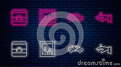 Set line Family photo, Limousine car, Wedding rings and on hand. Glowing neon icon on brick wall. Vector Vector Illustration