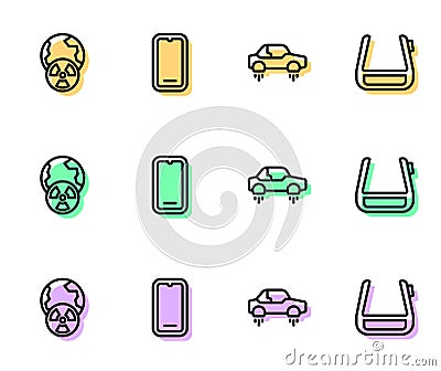 Set line Fantastic flying car, Planet earth and radiation, Mobile phone and Smart glasses spectacles icon. Vector Vector Illustration