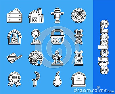 Set line Farm House concept, Windmill, Scarecrow, Sunflower, Wooden box with harvest and Shopping basket icon. Vector Vector Illustration