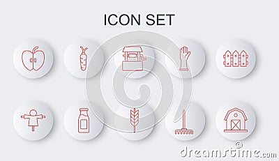 Set line Farm house, Scarecrow, Well, Garden rake, Apple, Carrot, Bottle with milk and Wheat icon. Vector Stock Photo