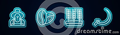 Set line Farmer in the hat, Coffee beans, Wheat and Sickle. Glowing neon icon. Vector Vector Illustration