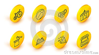 Set line Fast street food cart, Festive confetti, Roller coaster, Magic hat and wand, Circus tent, Monkey, Beach ball Vector Illustration