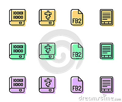 Set line FB2 File, Books about programming, Holy bible book and E-Book reader icon. Vector Vector Illustration