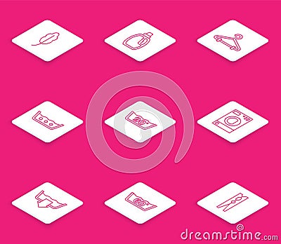 Set line Feather, Bottle for cleaning agent, Hanger wardrobe, Temperature wash, Washer, Washing modes and icon. Vector Vector Illustration